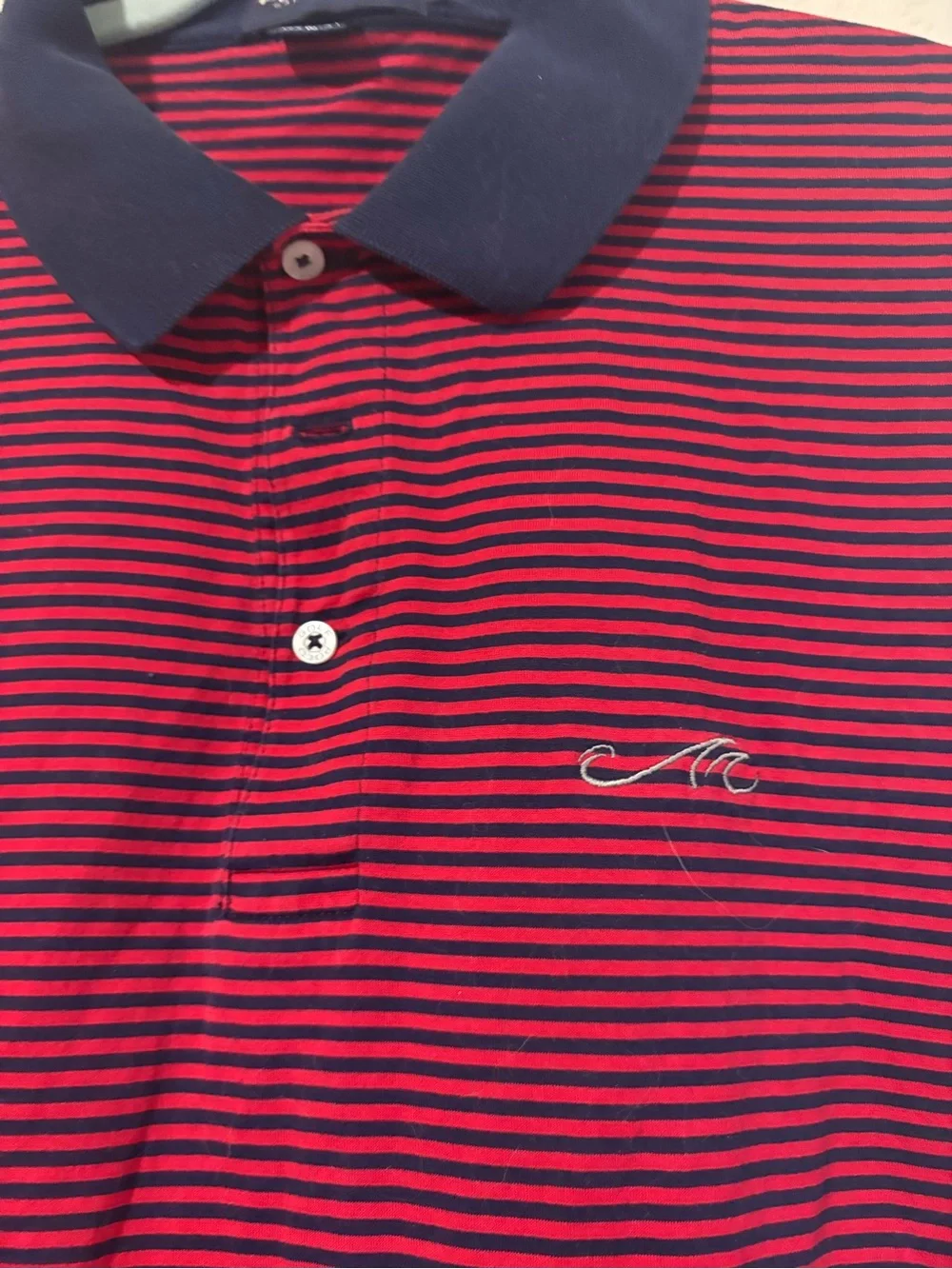 Men's Red and Black Striped Polo golf Shirt with Navy Collar
